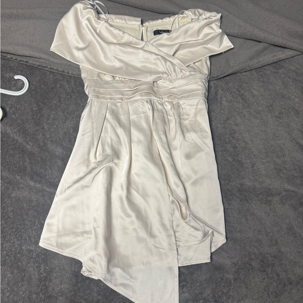Lulu's Cream Asymmetrical Off-Shoulder Dress